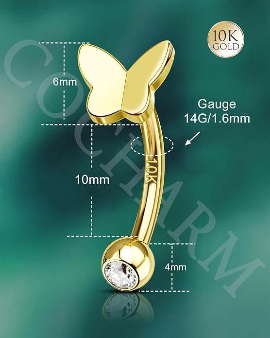COCHARM 10K Yellow Gold Butterfly Belly Button Rings 10K Real Gold Belly Rings 10K Gold Belly Piercing Jewelry for Women Gold Upside Down Nave Rings