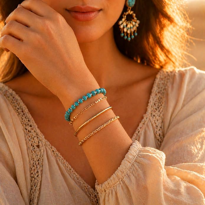 Sheplus 925 Sterling Silver Genuine Turquoise Bead Bracelet,Charm Boho Western Stretch Gift Jewelry for Women Wife Mom
