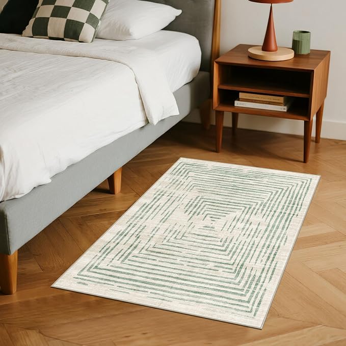 BLISSA 2x3 Small Entryway Rug - Modern Door Mat Non-Slip Ultra-Thin Soft Sage Green Lines Borderd Abstract Front Door Rug Indoor Entrance Striped Throw Rugs for Bedroom Bathroom Kitchen Home Decor