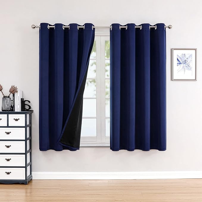 ChrisDowa 100% Blackout Curtains for Bedroom 63 Inches Long 2 Panels Set | 2 Thick Layers, Thermal Insulated, Light Blocking, Grommet, Window Treatment, Living Room Drapes, Navy Blue, 52 x 63 Inch