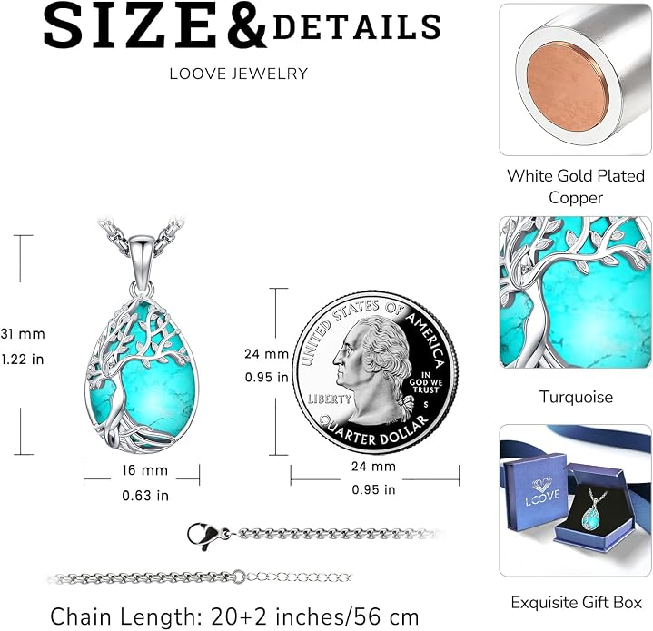 Turquoise/Amethyst/Moonstone/Black Onyx Tree of Life Necklace for Women Hummingbird Necklaces White Gold Plated Copper Jewelry