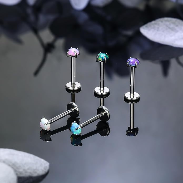 Ruifan Titanium Flat Back Lip Rings Threadless Push in Earrings Studs Nose Rings 20G 18G 16G Mix Colors Opal Tragus Cartilage Lobe Rook Helix Conch Labret Medusa Nostril Piercing Jewelry for Women Men