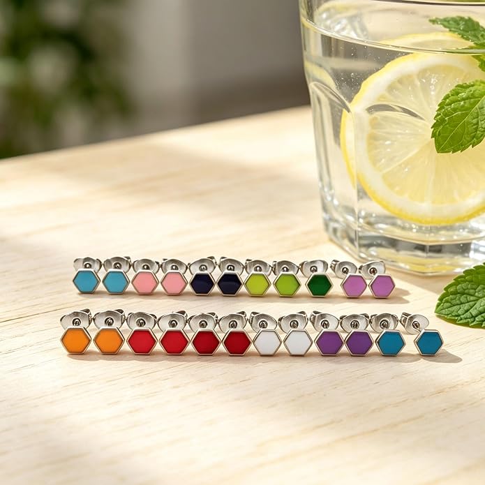 JMLOON 12 Pairs Enamel Flat Back Stud Earrings Surgical Stainless Steel Round Heart Star Square Hexagon Screw Back Stud Earrings