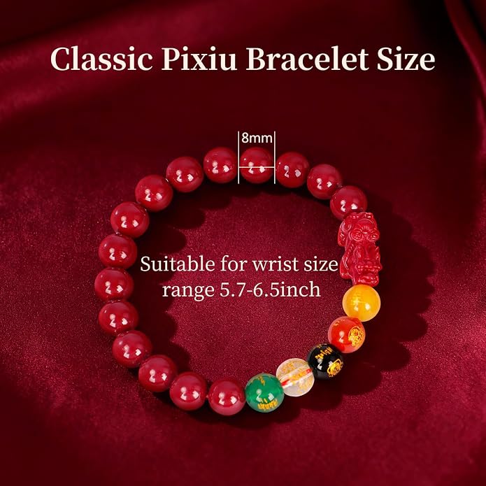 Five Roads Wealth God Cinnabar Pixiu Bracelet - Feng Shui Red String Bracelet for Good Luck & Money Attraction, Fortune Blessing for Men & Women, Adjustable Lucky Charm Bracelet (Classic & Cinnabar Options, 8/10/12mm)