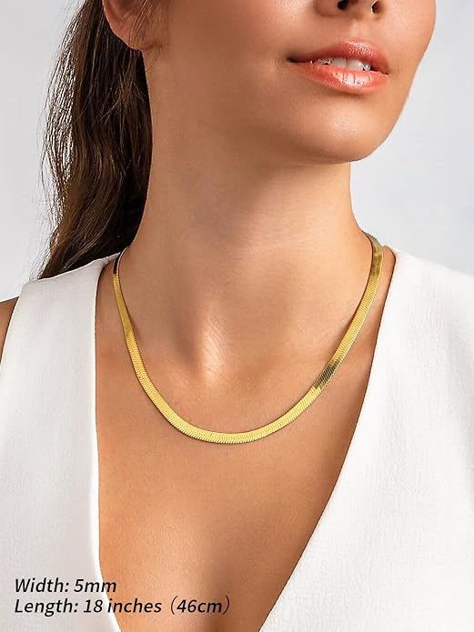 FindChic Black/14K Gold Plated Herringbone Choker Chain Necklace for Women | Waterproof Stainless Steel, Dainty Layering, Flat Snake Chain, Non-Tarnish, Hypoallergenic, Adjustable Extender, Gift Box