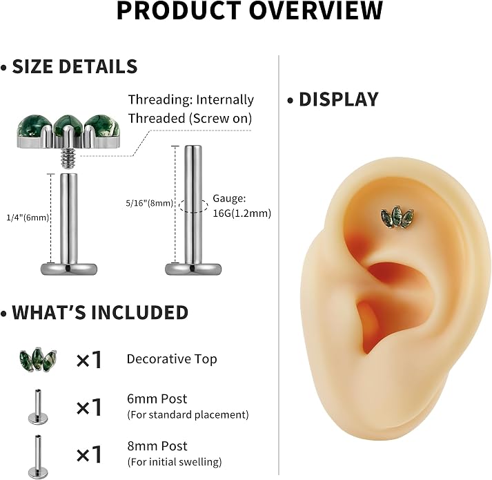 FINE4U 16G Moss Agate Body Piercing Jewelry for Helix Flat Tragus Lobe 16G 6mm 8mm - ASTM F136 Titanium Screw on Flat Back Stud, Hypoallergenic Cartilage Earring