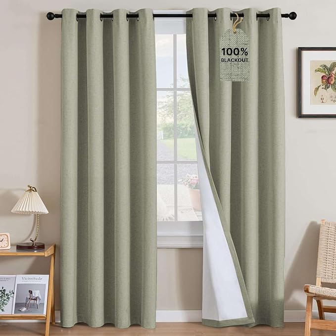 H.VERSAILTEX Linen Curtains 100% Blackout Curtains for Bedroom 84 inch Long Full Light Blocking Nature Linen Blended Window Curtains for Living Room Nickel Grommet (2 Panels, Heathered Tea)
