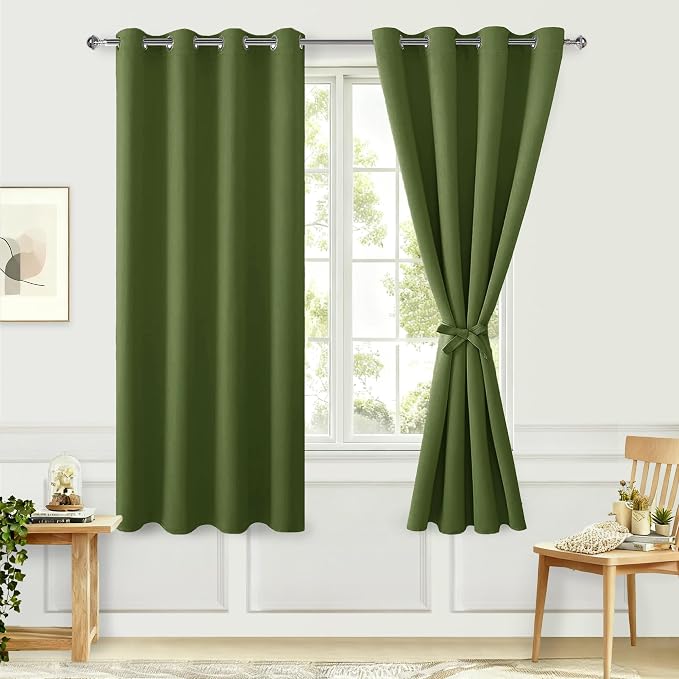 Hiasan Blackout Curtains for Bedroom, 52 x 63 Inches Length - Thermal Insulated & Energy Saving Window Curtains for Living Room, 2 Drape Panels Sewn with Tiebacks, Olive Green
