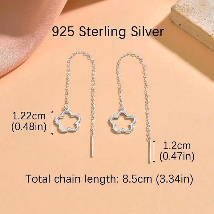 Flower Threader Drop Earrings for Women, 925 Sterling Silver Dainty Hollow Floral Dangle Earrings to Daughter Mother 14k Gold Plated Flowers Long Tassel Chain Earring Birthday Wedding Jewelry Gift