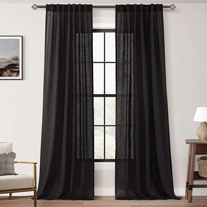 Black Linen Curtains 90 Inches Long for Bedroom Back Tab Light Filtering Privacy Semi Sheer Curtains Living Room Boho Rustic Farmhouse Cotton Textured Gauze Curtain 2 Panel Set 52x90
