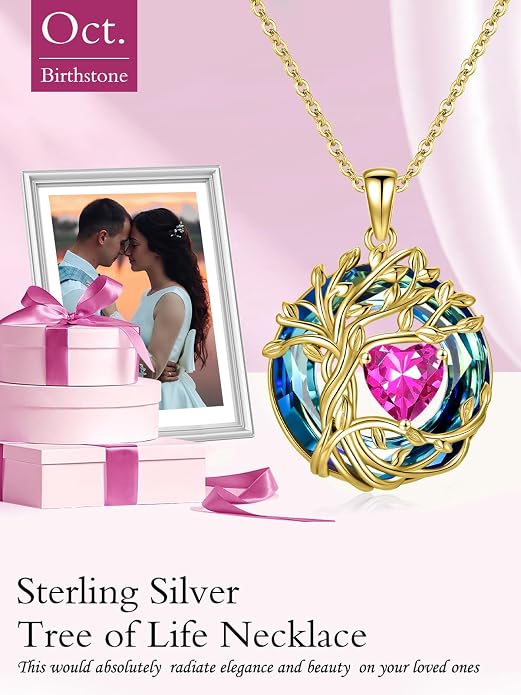 TOUPOP Tree of Life Birthstone Necklace Sterling Silver Pendant Birthstone Necklaces with Blue Crystal Anniversary Birthday Jewelry for Women Mom Wife Her