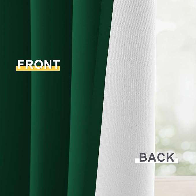 Yakamok Dark Green 100% Blackout Curtains 63 Inches Long 50" Wide 2 Panels | Blackout Curtain Panels for Bedroom, 2 Thick Layers Grommet Top Thermal Insulated Drapes with White Back for Living Room