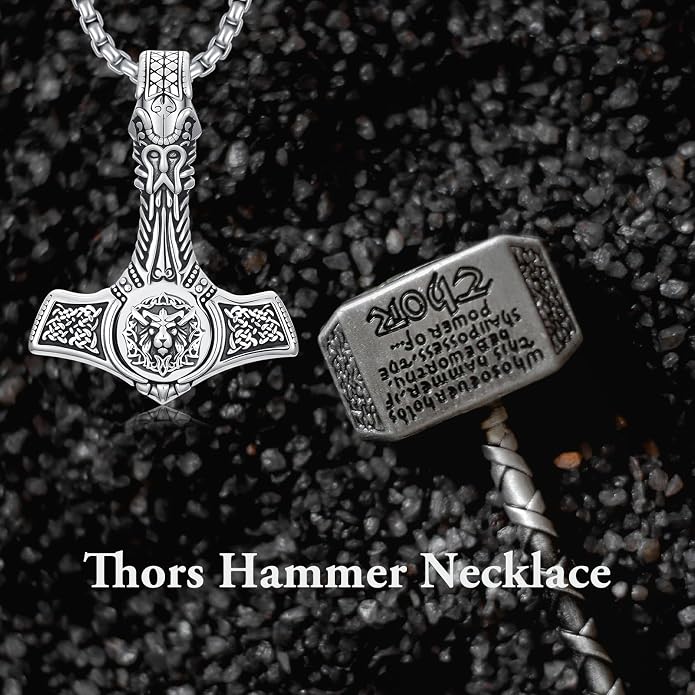 PROESS Thors Hammer Necklace Sterling Silver Celtic Knot Wolf/Lion/Raven Necklace Viking Mjolnir Pendant Jewelry for Men
