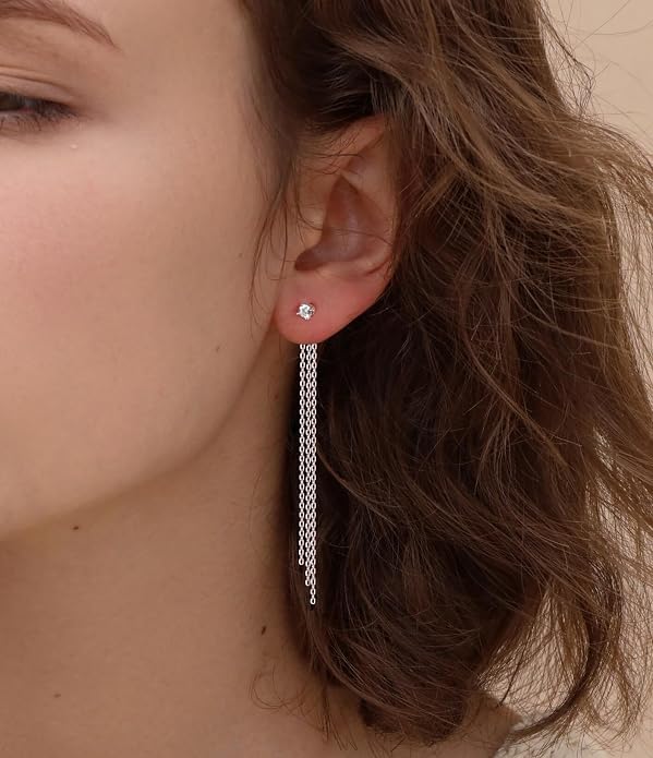 S.Leaf S925 Sterling Silver Threader Chain Earrings 18K Gold Plated Cubic Zirconia Dainty Dangle Double Piercing Long Drop Dangly Pull Through Tassel Chain Earrings Gifts for Women