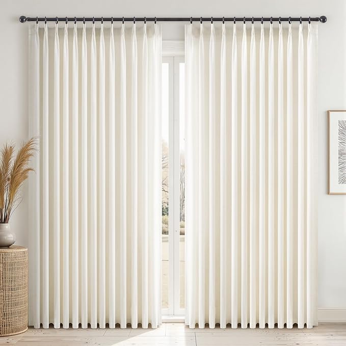 Topfinel 108 Inch Pinch Pleated Linen Curtains 2 Panels,Natural Semi Sheer Curtains with Pleated Hooks Back Tab for Track System,Extra Long 9ft Curtain for Living Room Bedroom,72x108,Natural