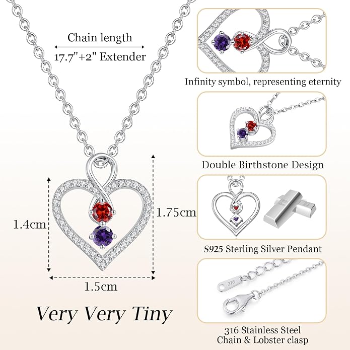 LOUISA SECRET Double Birthstone Necklaces for Women, 925 Sterling Silver Infinity Love Heart Pendant Necklace for Her, Birthday Anniversary Valentine's Day, Christmas, Wedding, Graduation Gift for Her, Personalized Gifts, Jewelry Gifts for Wife Mom Gir...