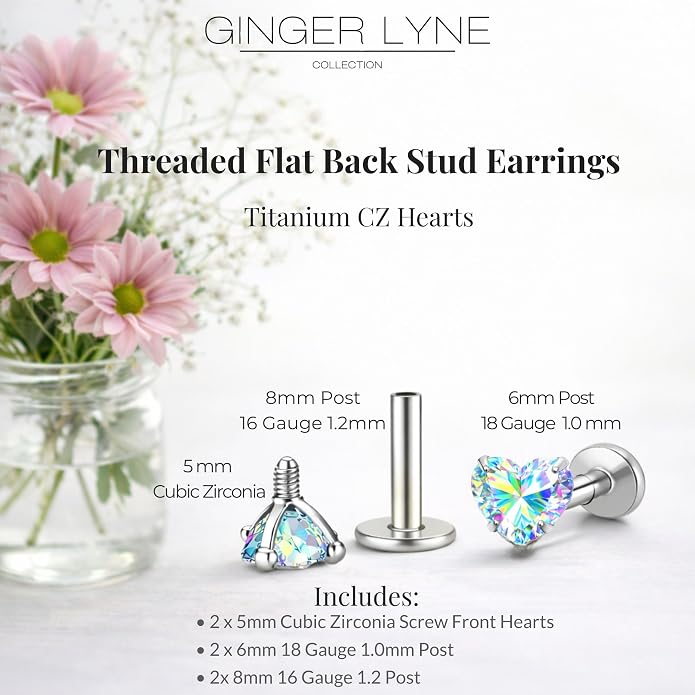 Titanium Heart CZ Labret Stud Earrings for Piercings by Ginger Lyne 6Pc Set G23 Screw Front Flat Back Body Jewelry 2 pair post 6mm, 8mm Cartilage, Helix, Tragus, Lip, Conch, Lobe