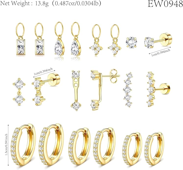Stainless Steel Stud Earrings Set for Women Hypoallergenic Flat Back Cartilage Earrings Screw Back Huggie Hoop Earrings Multiple Piercing Cubic Zirconia Helix Tragus Jewelry