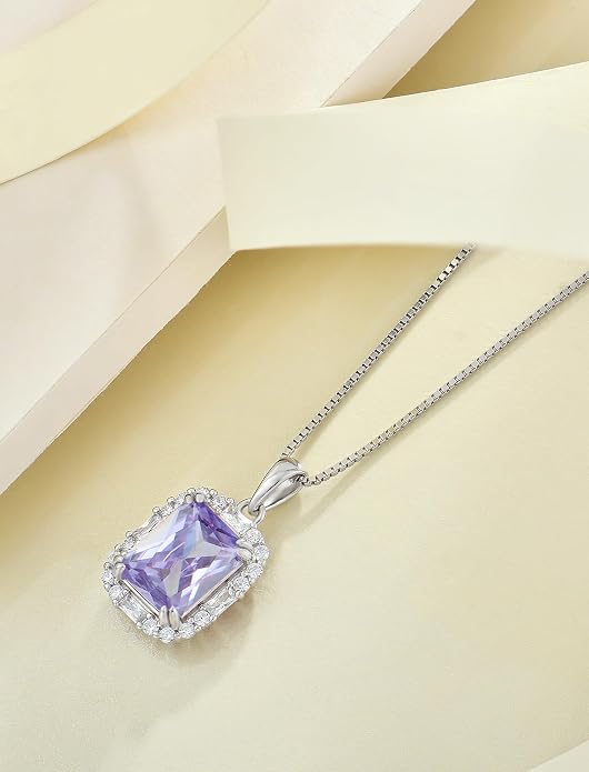 Princess Cut Necklaces for Women, 925 Sterling Silver Emerald Cut Birthstone Pendant Necklace Halo Square Rectangle Jewelry Gifts for Her