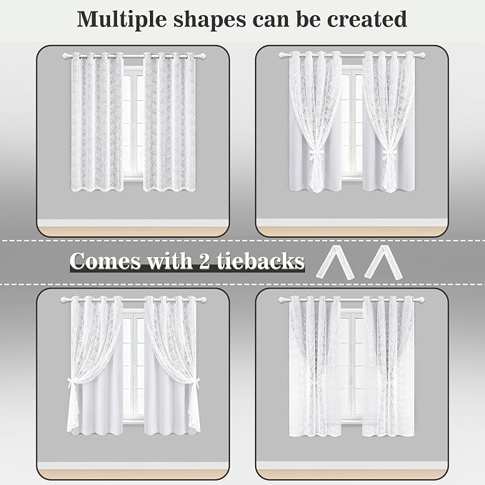 Yinhua Blackout Curtains for Bedroom Double Layer Grey Curtains for Living Room 63 Inch Length 2 Panels Set Kid Curtain with Floral Sheer Overlay, Grommet Drapes with Tiebacks, 52" W x 63" L