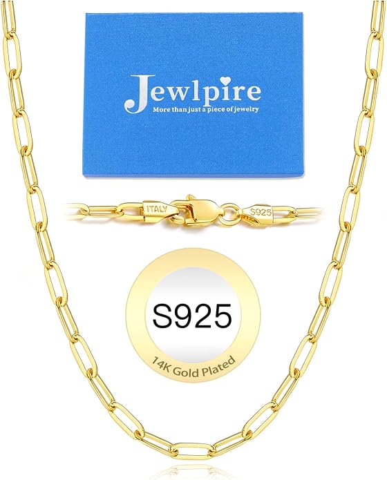Jewlpire 14K Gold Plated 925 Sterling Silver Paperclip Chain Necklace for Women, 4mm 5mm Shiny & Sturdy Women's Chain Necklaces 16 18 20 22 24 26 Inch