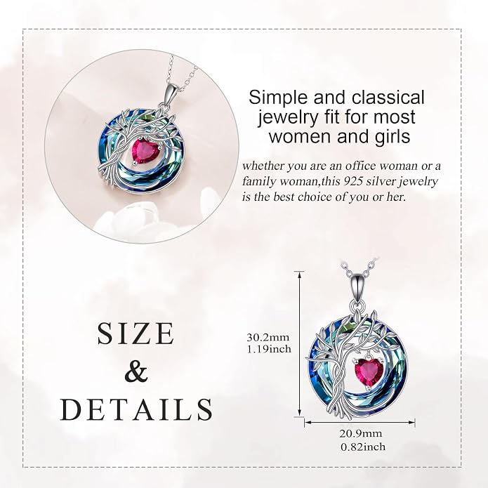 POPLYKE Mothers Day Gifts for Mom Her Wife Tree of Life Necklace 925 Sterling Silver Birthstone Pendant with Crystal Anniversary Birthday Wedding Jewelry for Women