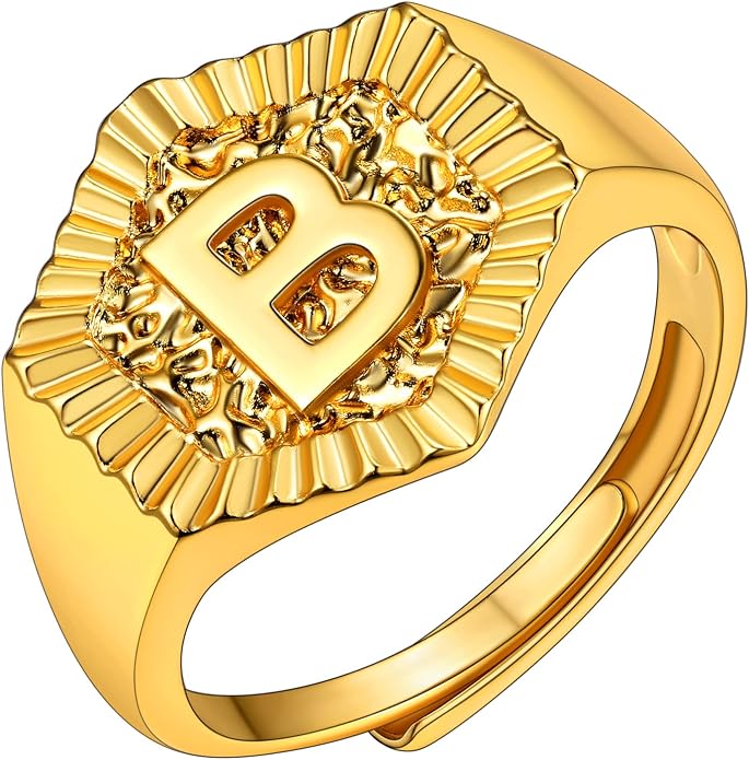 KeyStyle Bold Initial Letter Rings Adjustable, GoldChic Jewelry Women Gold Statement Ring Personalized Engraved Women’s Open Signet Ring for Party (Gold, White Gold, Black)