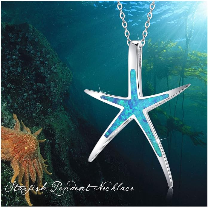 Cuoka Starfish Necklace, 925 Sterling Silver with Opal, Hawaiian Beach Nautical Ocean Pendant, Starfish Jewelry Opal Jewelry Valentine for Women Girlfriend
