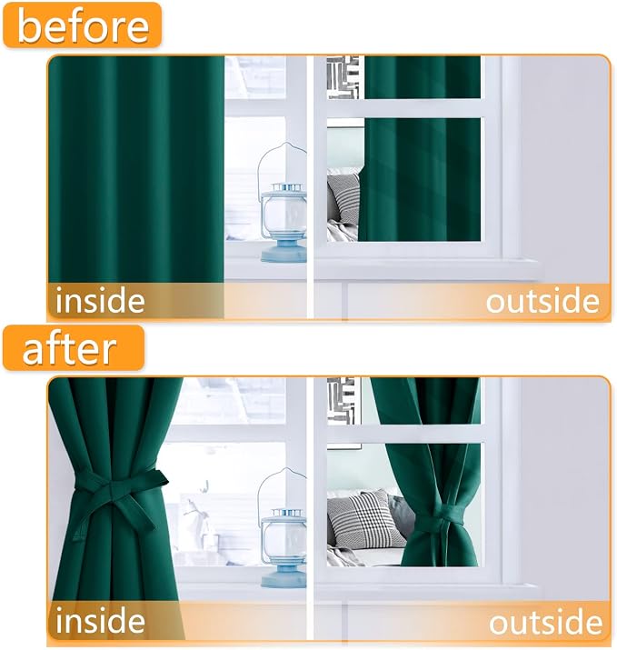 Hiasan Blackout Curtains for Bedroom, 52 x 63 Inches Length - Thermal Insulated & Energy Saving Window Curtains for Living Room, 2 Drape Panels Sewn with Tiebacks, Hunter Green