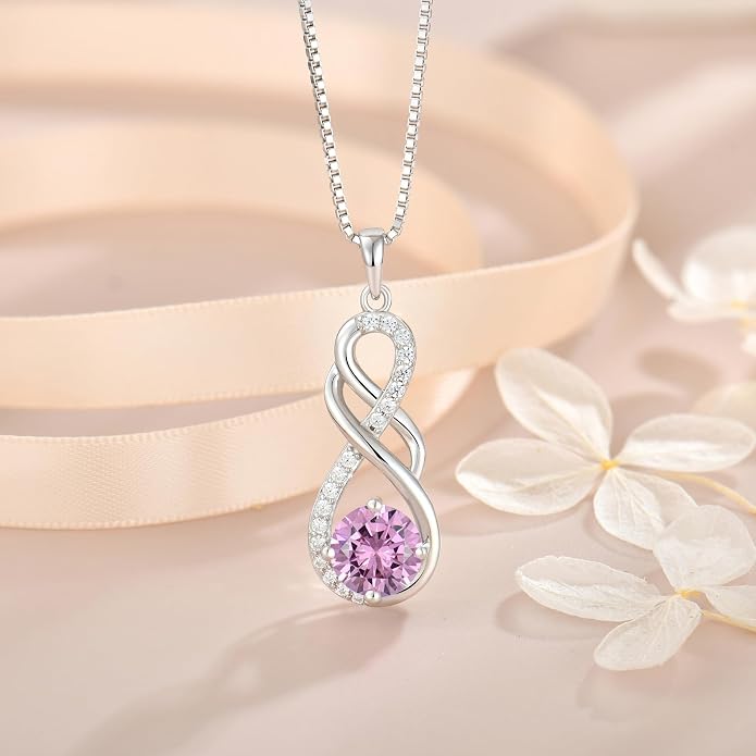 Gemstone Infinity Pendant Necklaces for Women, S925 Sterling Silver Round cut Zircon Necklace Birthstone Jewelry Gift for Her