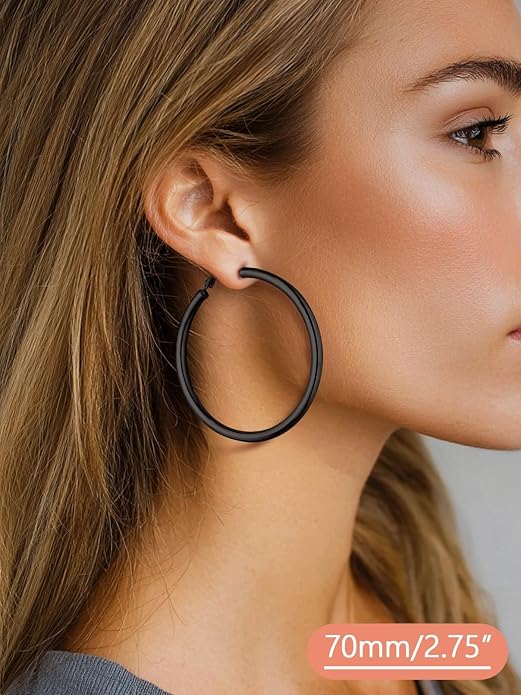 FaithHeart Chunky Hoop Earrings for Women, Silver/Black/14K Gold Plated Stainless Steel Earrings 5mm Thick Hollow Tube Hoops Hypoallergenic Lightweight Earring 20/30/40/50/60/70/80mm