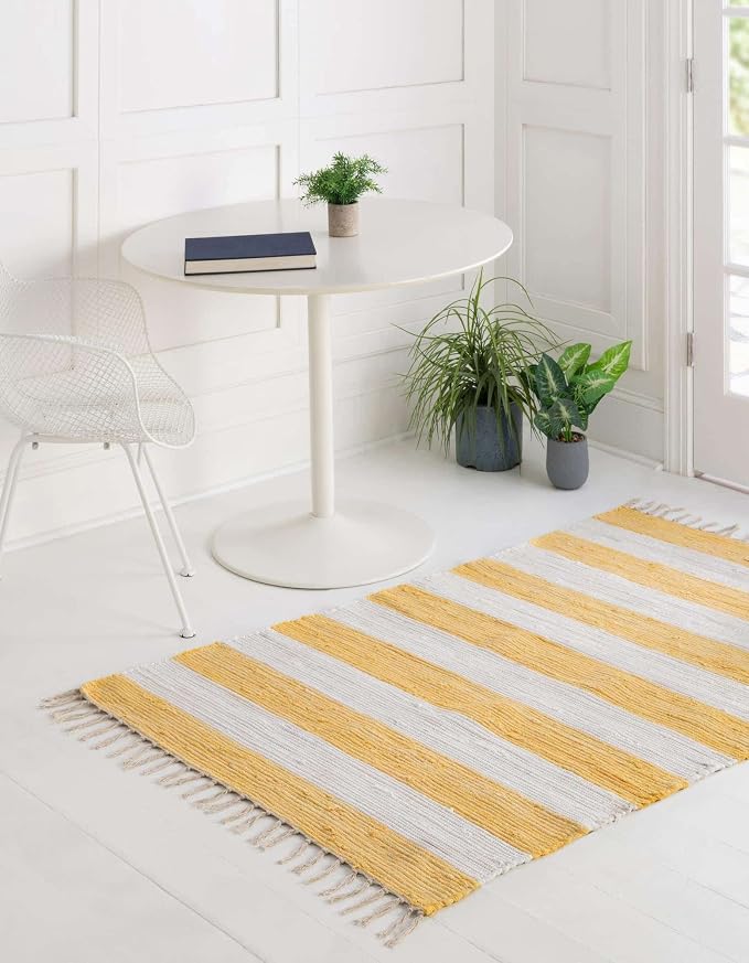 Unique Loom Chindi Rag Collection Area Rug - Striped (2' 2" x 3' 1" Rectangle, Yellow and Ivory)