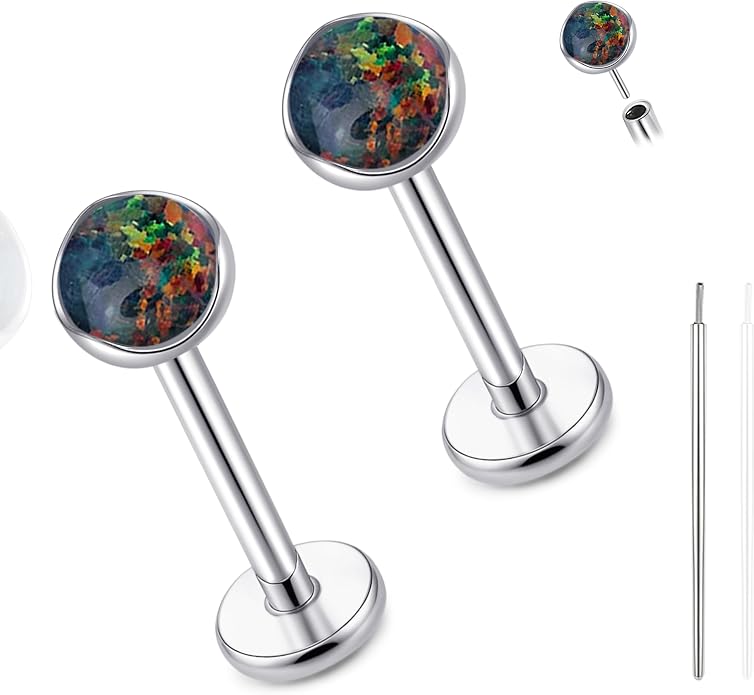 limerencia 18G Hypoallergenic Titanium Opal Threadless Nose Stud Earrings, 2PC Flat Back Push in Stud Earrings Labret Medusa Monroe Helix Cartilage Tragus Conch Piercing Jewelry for Women Men
