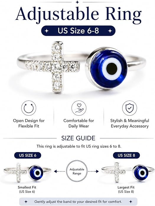 Adjustable Evil Eye Ring Silver Dainty Open Adjustable Rings Cross Evil Eye Jewelry for Women Energy Protection Ring