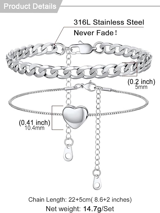 U7 2Pcs/3Pcs Ankle Bracelets for Women, Stainless Steel Cuban Link/Figaro/Rope/Heart Chain Anklets Sets,Waterproof Layered Anklets Adjustable 8.5"-10.5"
