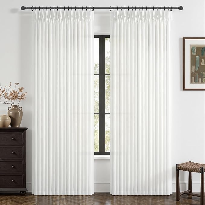 Snow White Pleated Linen Curtains 84 Inches Long for Sliding Glass Doors, Memory Shape Light Filtering Thick Viral Curtain Semi Sheer Privacy Bedroom Decorative Windows Drapes 7 FT Length 2 Panels Set
