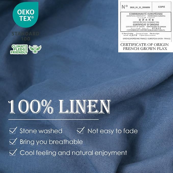 Simple&Opulence 100% Linen Duvet Cover Set 3pcs Basic Style Natural French Washed Flax Solid Color Soft Breathable Farmhouse Bedding with Button Closure - Classic Blue, Full