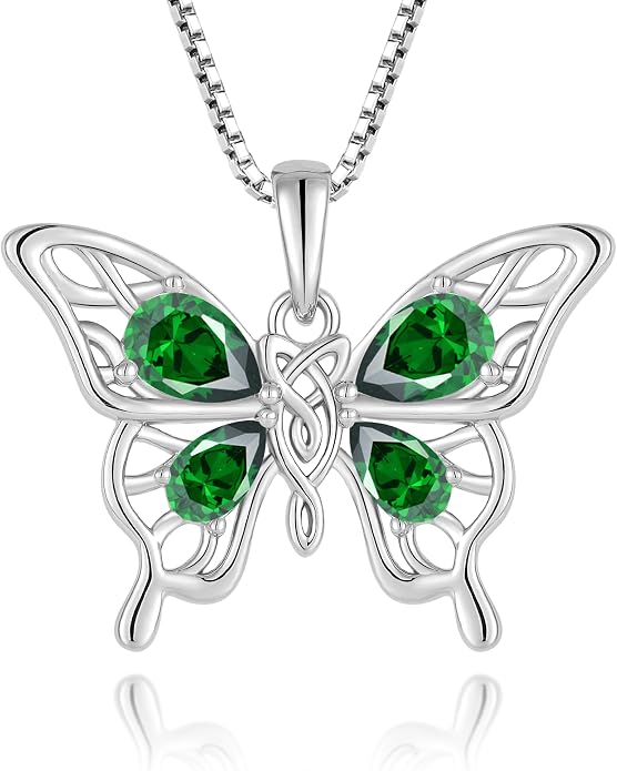 Butterfly Necklace 925 Sterling Silver Celtic Knot Pendant Teardrop Birthstone Twisted Jewelry for Women