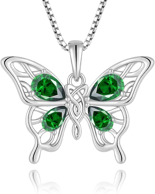 Butterfly Necklace 925 Sterling Silver Celtic Knot Pendant Teardrop Birthstone Twisted Jewelry for Women