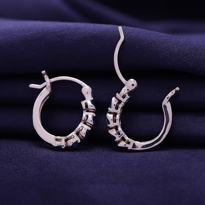 Dainty Hoop Earrings for Women Round Cut Simulated Blue Sapphire Gemstone Earrings in 14K Gold Plated 925 Sterling Silver Minimalist | Delicate Jewelry for Her