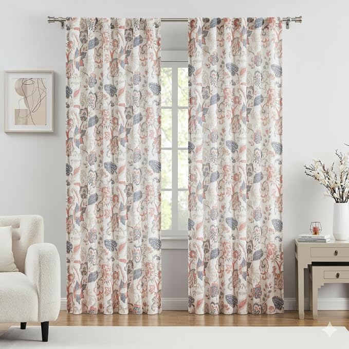 Kayne Studio Backtab Rod Pocket Jacobean Floral Semi Sheer Curtains, Botanical Curtains Tab, Vintage Farmhouse Drapes for Bedroom, Navy Red Light Filtering Window Treatment Sets,52"x84",2 Panels