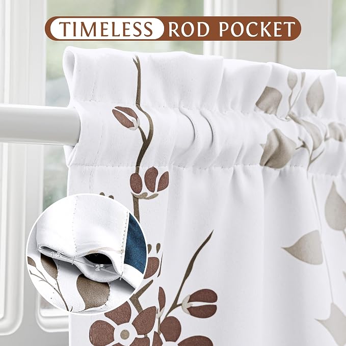 Beauoop Floral Valance Curtains for Kitchen Tan Brown 52X18 Inch 1 Panel | Flower Patterned Brown White Blackout Short Curtains for Living Room Bedroom Cafe Thermal Small Window Curtains Rod Pocket