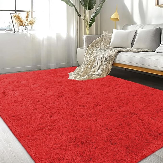 Large Area Rugs for Living Room Bedroom 9x12 Red Fluffy Shag Rugs | Ultra Soft Shaggy Plush Fuzzy Modern Indoor Throw Floor Carpet for Kids Girls Boys Dorm Nursery Home Decor Aesthetic