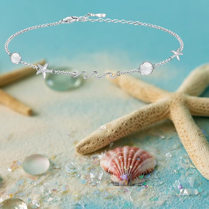 Ocean Wave Beach Shell Anklet 925 Sterling Silver Sea Starfish Seashell Ankle Bracelet Summer Jewelry Gifts for Women