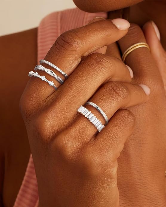 Stackable Silver/Gold Rings for Women Non Tarnish Trendy Dainty 14K Gold Plated Stacking Cubic Zirconia Thumb Ring Set Minimalist Promise Wedding Bands Engagement Rings for Women Size 6-10