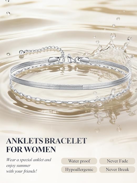 U7 Silver/Gold Ankle Bracelets for Women Layered Chain Anklets Stainless Steel Waterproof Summer Beach Anklet Cham, Adjustable 8.5"-10.5"