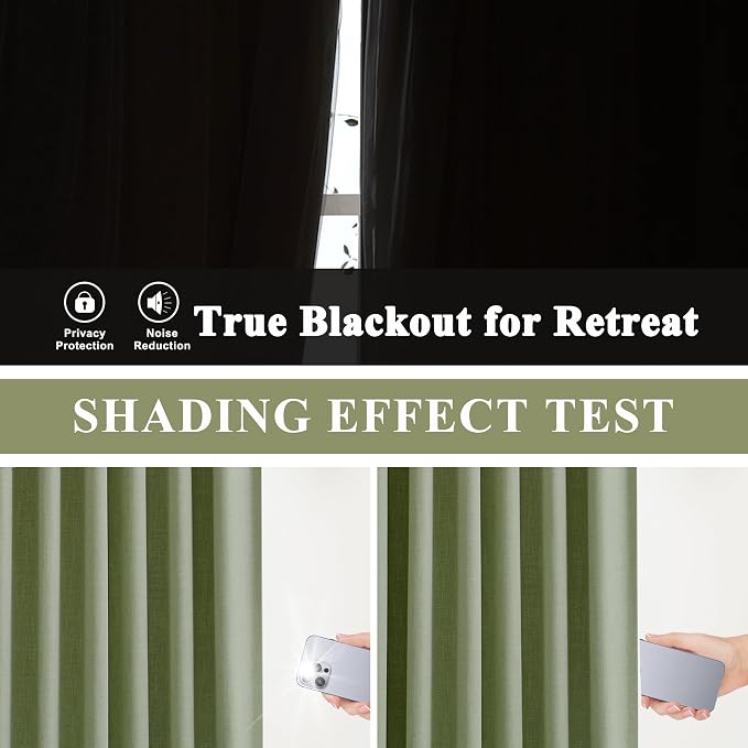 Vision Home Dark Green Pinch Pleated Full Blackout Curtains Linen Blended Room Darkening Curtain Panels 108 inch for Living Room Bedroom Thermal Insulated Pinch Pleat Drapes with Hooks 40" Wx108 Lx2