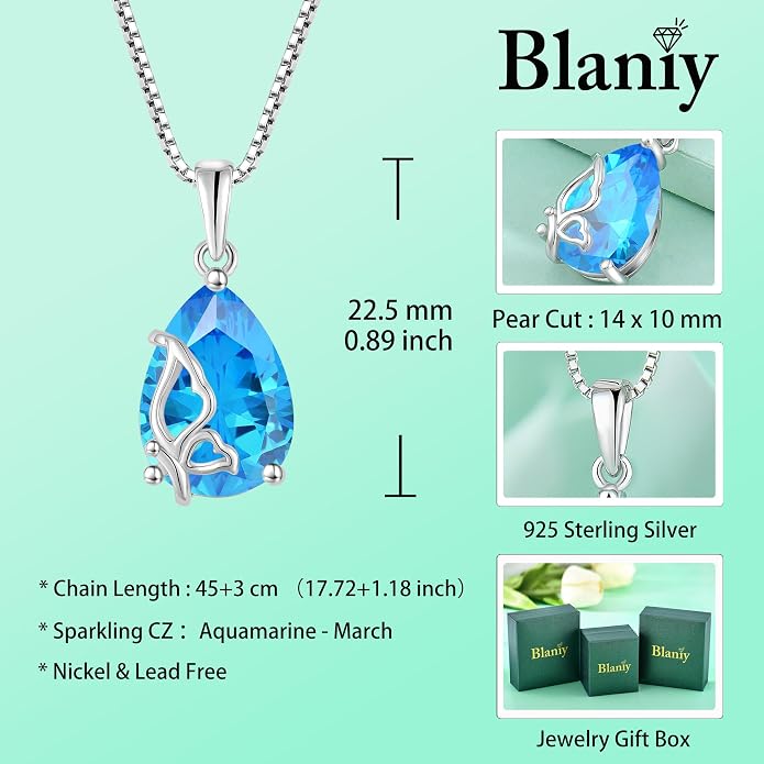 Teardrop Necklace 925 Sterling Silver Butterfly Pendant Necklace Birthstone Jewelry for Women