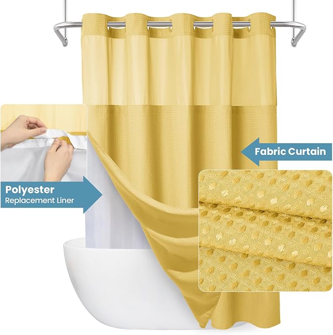 EUTXL 256GSM Heavyweight No Hook Shower Curtain with Snap in Liner,Waffle Weave Shower Curtains for Bathroom,71W x 74H,Yellow