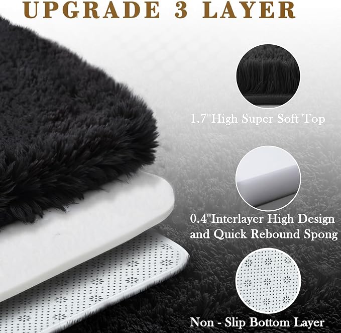 Area Rugs 9x12 Living Room,Large Area Rug Shaggy Carpet Soft Plush Furry Bedside Rug, Machine Washable Area Rugs for Bedroom Home Decor Non-Slip(9 x 12, Black)